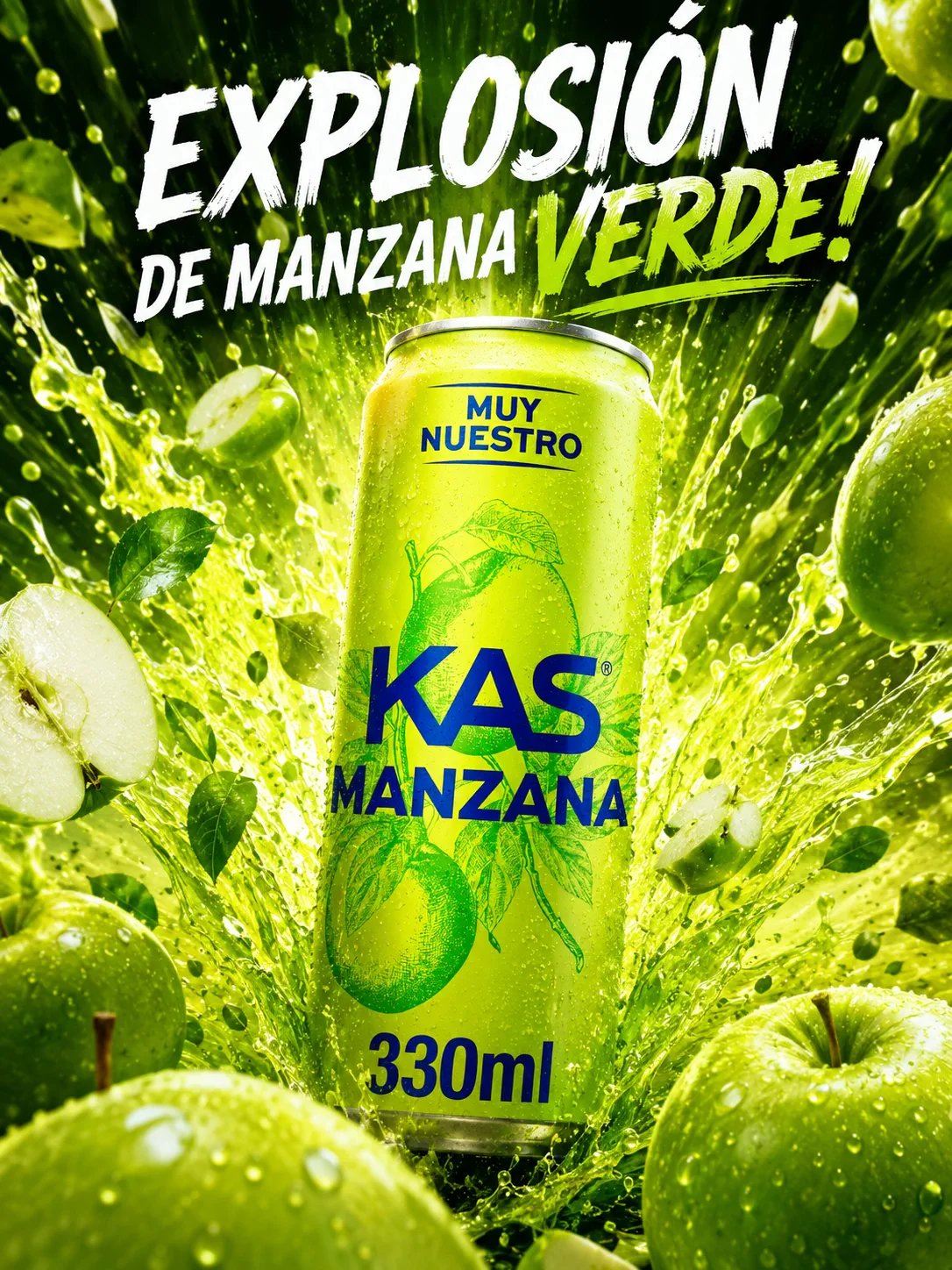 Lata de refresco de manzana con salpicaduras, fotografía publicitaria de bebida creada con IA por Josu Izarra